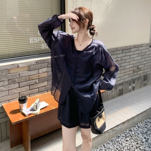 藏青色蕾丝拼接长袖衬衫短裤套装女夏2025新款减龄ootd两件套爆款图片