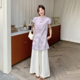 新中式国风套装女2025夏季新款时尚禅意改良旗袍上衣阔腿裤两件套，女装套装/套裙，2C075