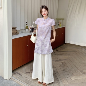 新中式国风套装女2025夏季新款时尚禅意改良旗袍上衣阔腿裤两件套图片