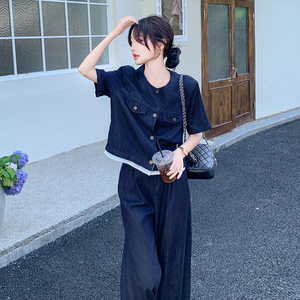 法式时尚气质圆领牛仔上衣套装女2025夏季新款显瘦阔腿长裤两件套图片