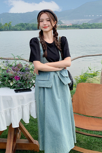 学院风假两件牛仔连衣裙女夏休闲宽松短袖设计感小众小个子背带裙图片