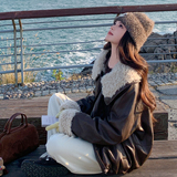 新品咖色羊羔毛拼接皮衣保暖外套2C075-905-P205-K298，女装短外套，菡迪欧娜