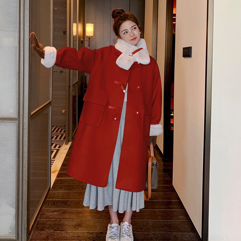 红色派克服女冬加绒加厚中长款羽绒棉服本命年棉衣袄大衣毛呢外套，女装毛呢外套，菡迪欧娜