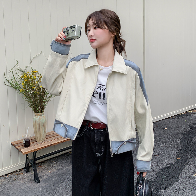新品重工水洗复古牛仔拼皮宽松休闲外套6031-P175-K258,女装短外套,2C075