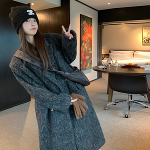 美式复古深灰色中长款毛呢外套女秋冬超火好看高级感加厚呢子大衣图片
