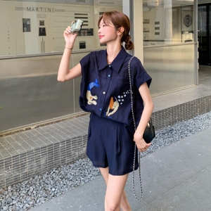 刺绣藏青色衬衫短裤套装女夏流行巨好看韩系爆款两件套小个子超火图片