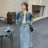 新品大货撞色牛仔外套+半身裙套装配皮带6015-P185-K268，女装套装/套裙，2C075