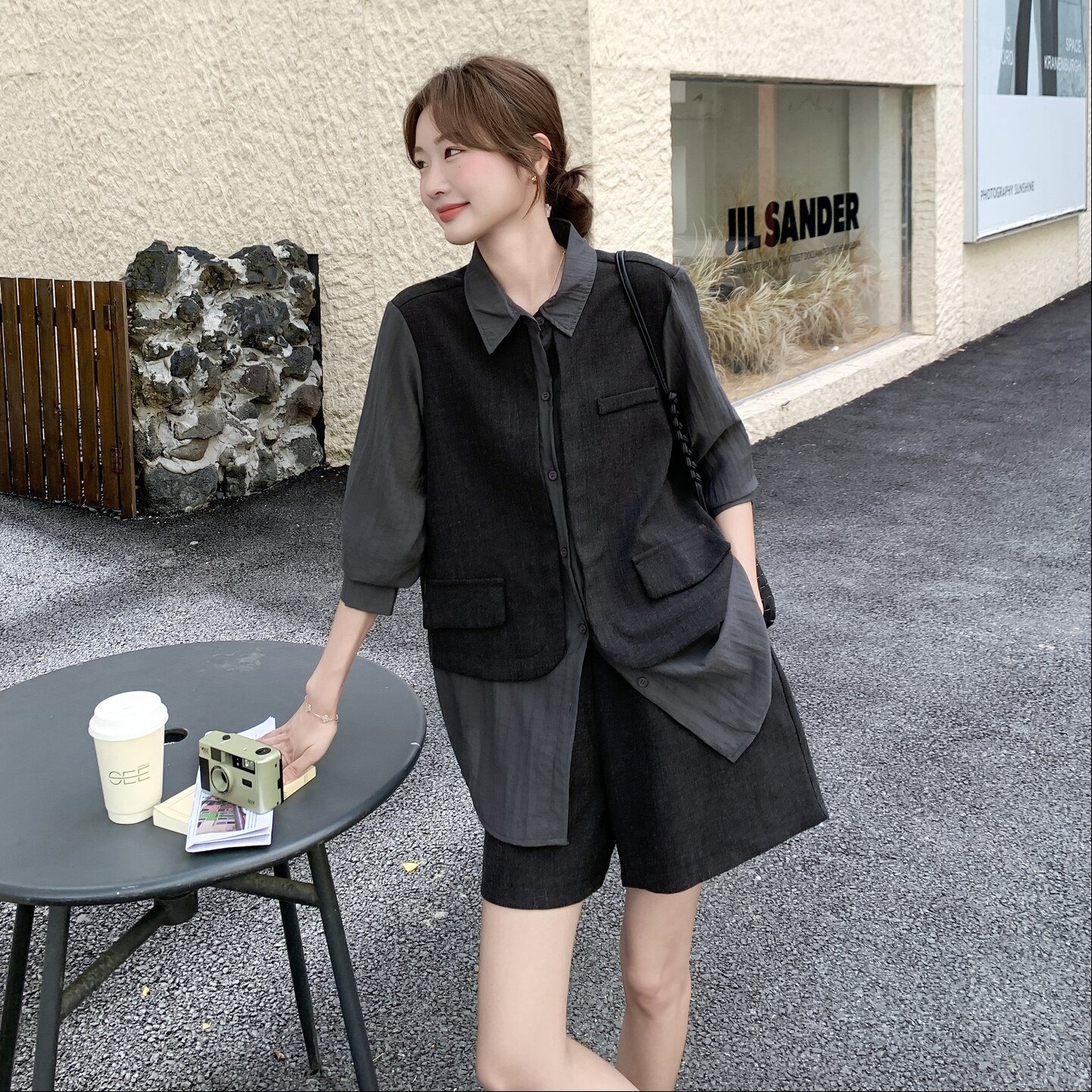 复古设计感套装女2025秋新款小个子轻熟风撞色拼接衬衫短裤两件套,女装套装/套裙,2C075
