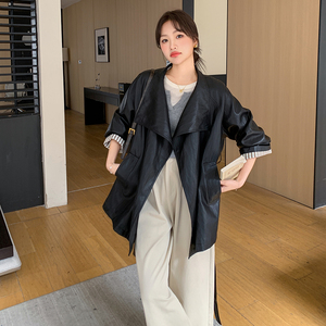 黑色高级感皮衣风衣外套女2025春季新款轻熟风复古系带显瘦上衣潮图片