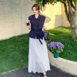 时尚无袖翻领衬衫半身裙两件套女夏季2025新款宽松修身带腰带小衫，女装套装/套裙，2C075