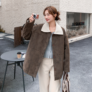 新品大货 咖色磨沙皮拼接毛线领内胆90白鸭绒羽绒服902-P270-K398，女装羽绒服，菡迪欧娜