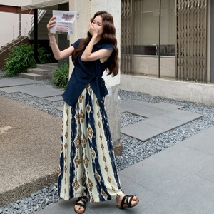 韩版印花阔腿裤套装女2025夏季新款时尚百搭不规则收腰上衣两件套图片