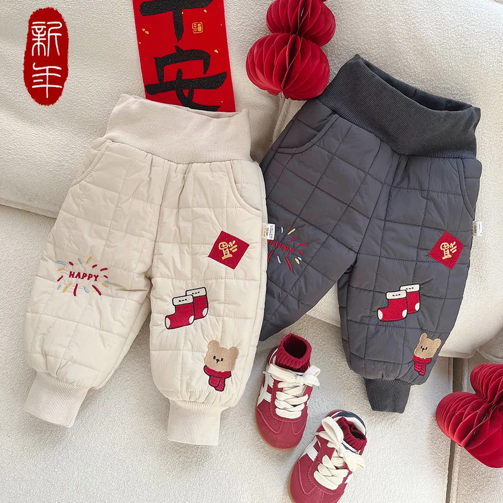婴儿冬季棉裤儿童新款绗棉加厚0-3岁男女宝宝新年刺绣棉裤55695