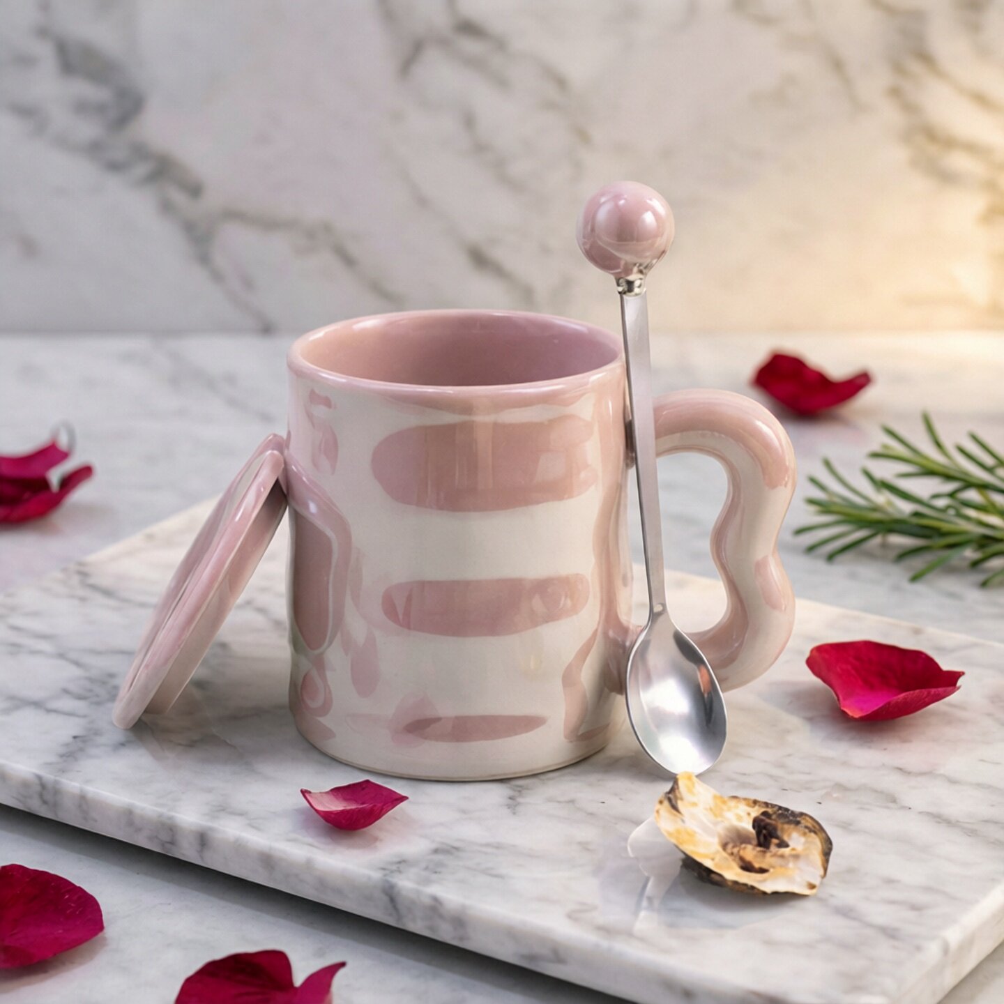 简约釉下彩粉色陶瓷大水杯高颜值带盖勺下午茶杯咖啡杯马克杯礼盒