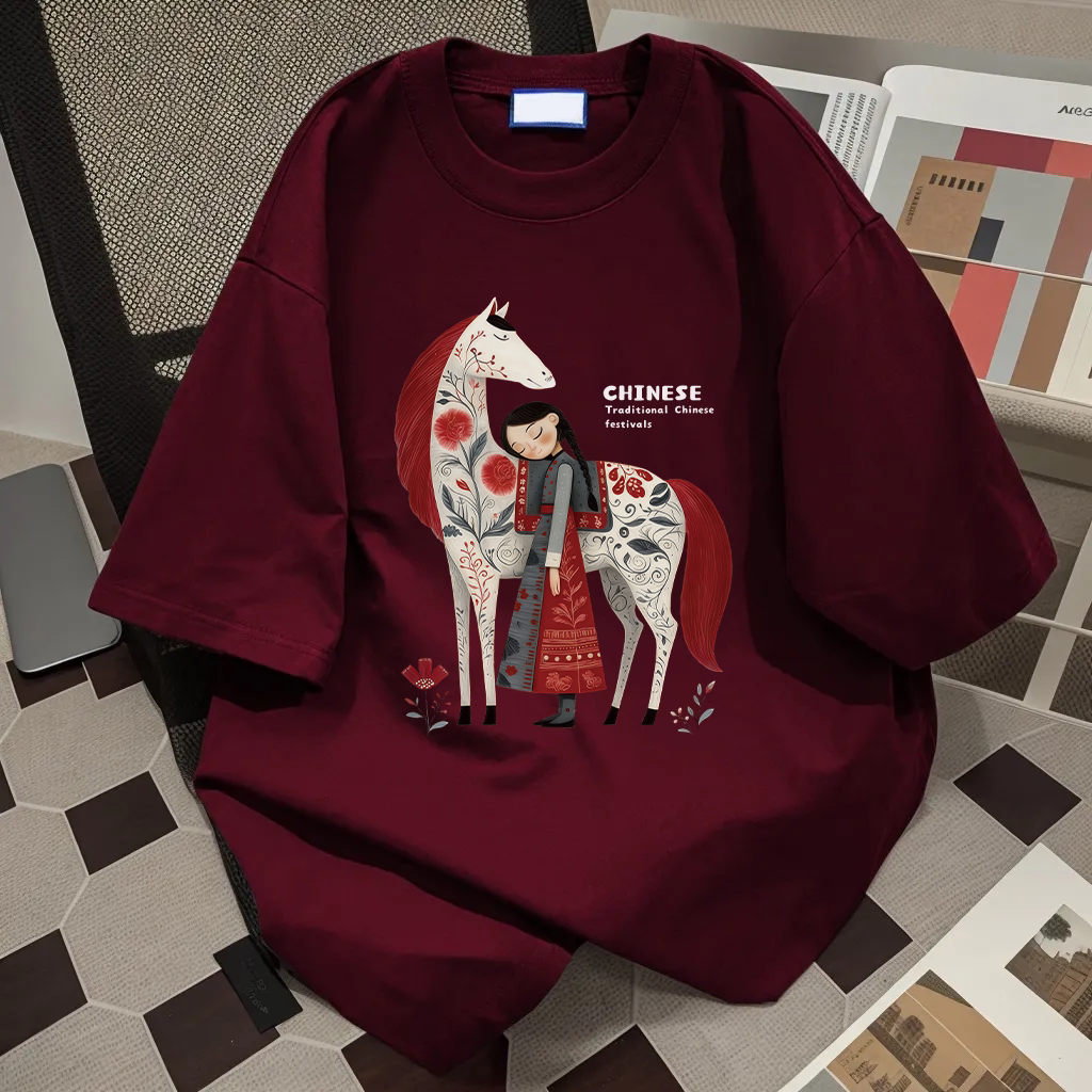 韩系ins休闲宽松仿刺绣小马印花纯棉短袖T恤男女夏季高街潮牌上衣