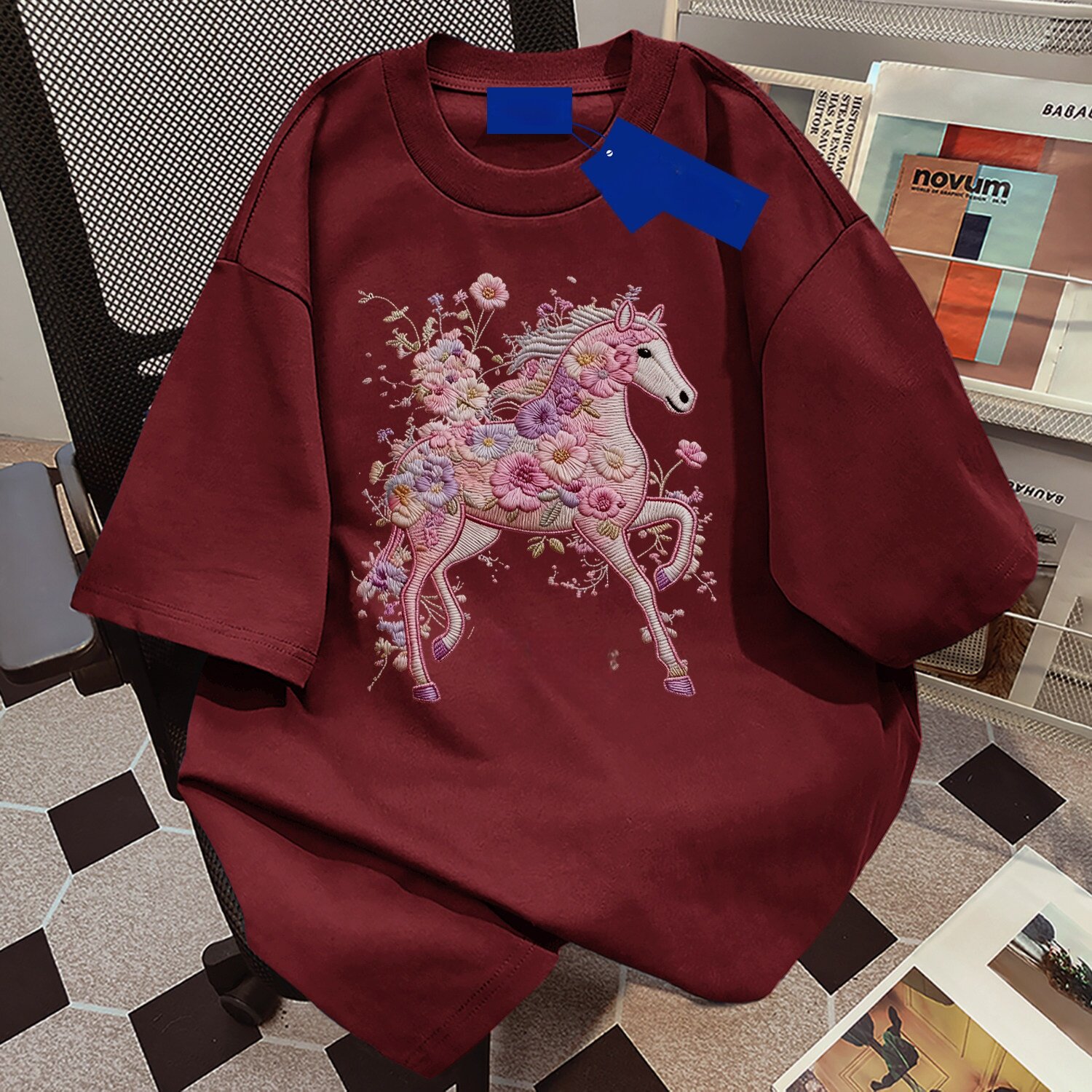 韩系ins休闲宽松仿刺绣小马印花纯棉短袖T恤男女夏季高街潮牌上衣