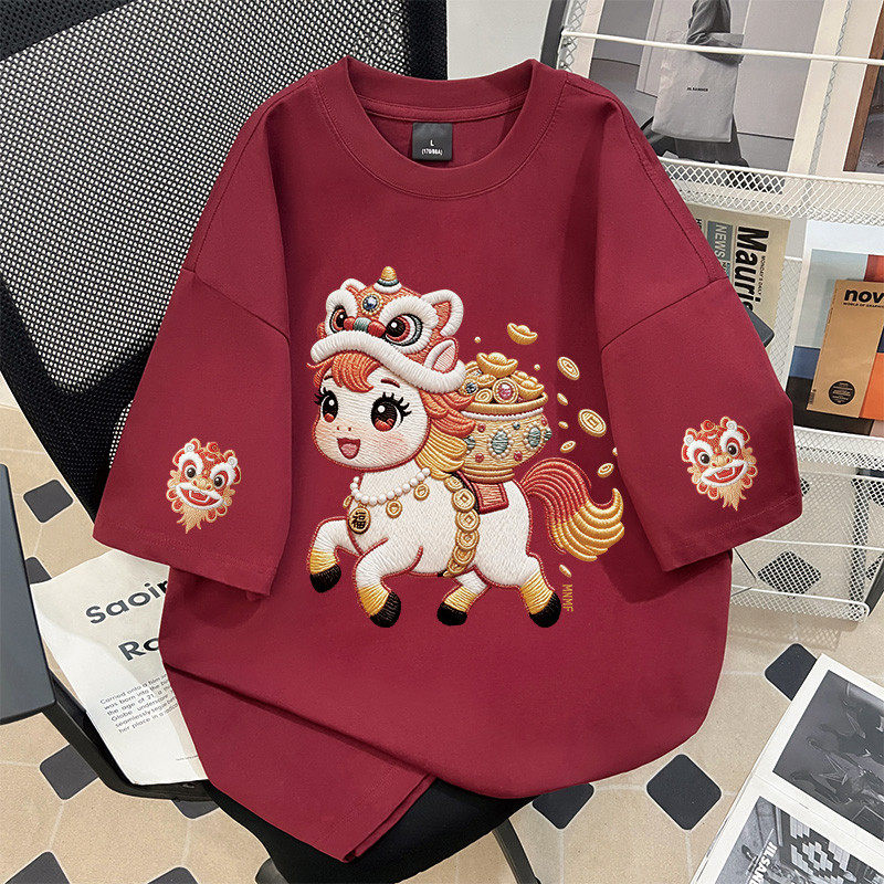 韩系ins休闲宽松仿刺绣小狗印花纯棉短袖T恤男女夏季高街潮牌上衣