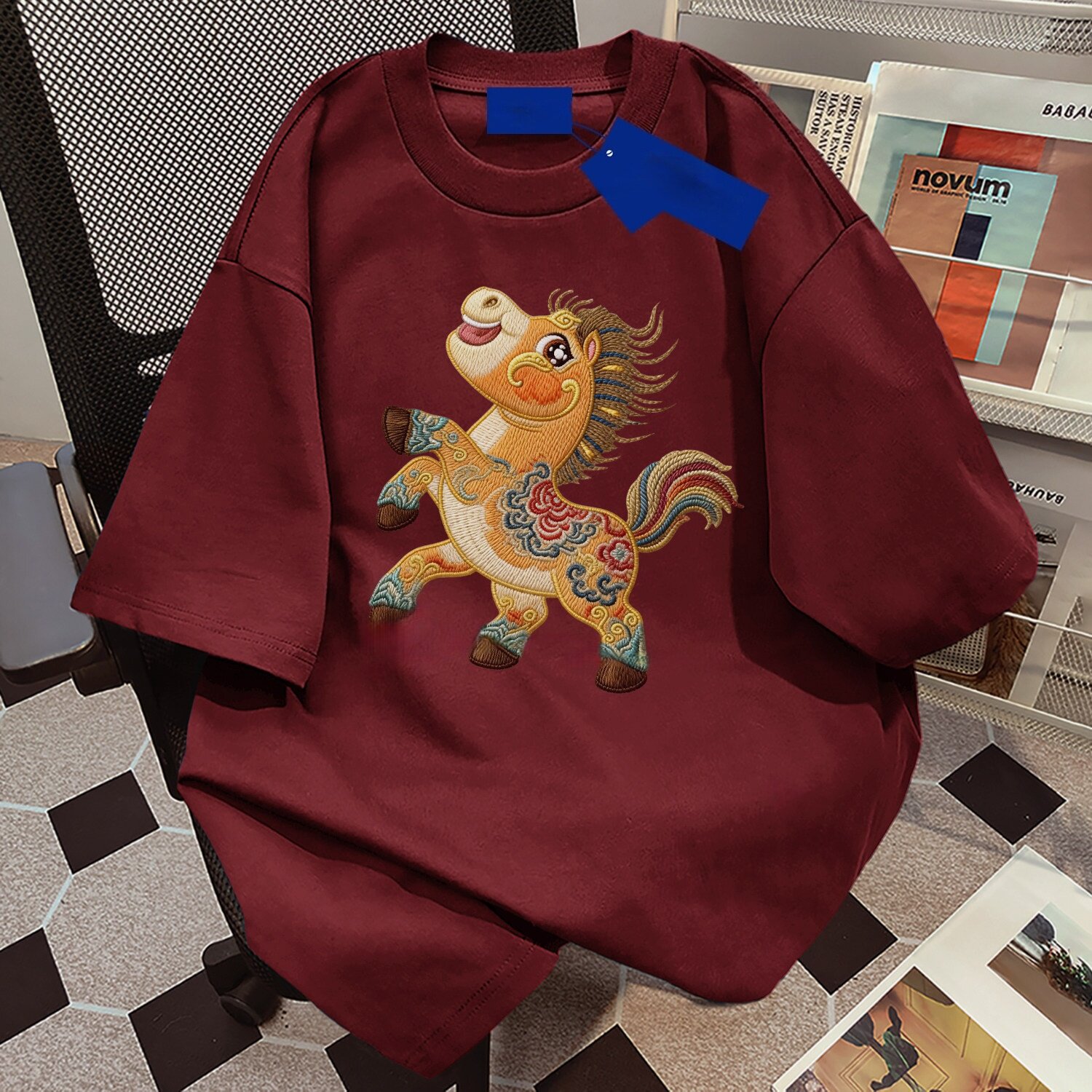 韩系ins休闲宽松仿刺绣小马印花纯棉短袖T恤男女夏季高街潮牌上衣