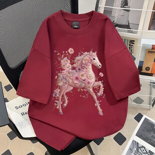 韩系ins休闲宽松仿刺绣小马印花纯棉短袖T恤男女夏季高街潮牌上衣
