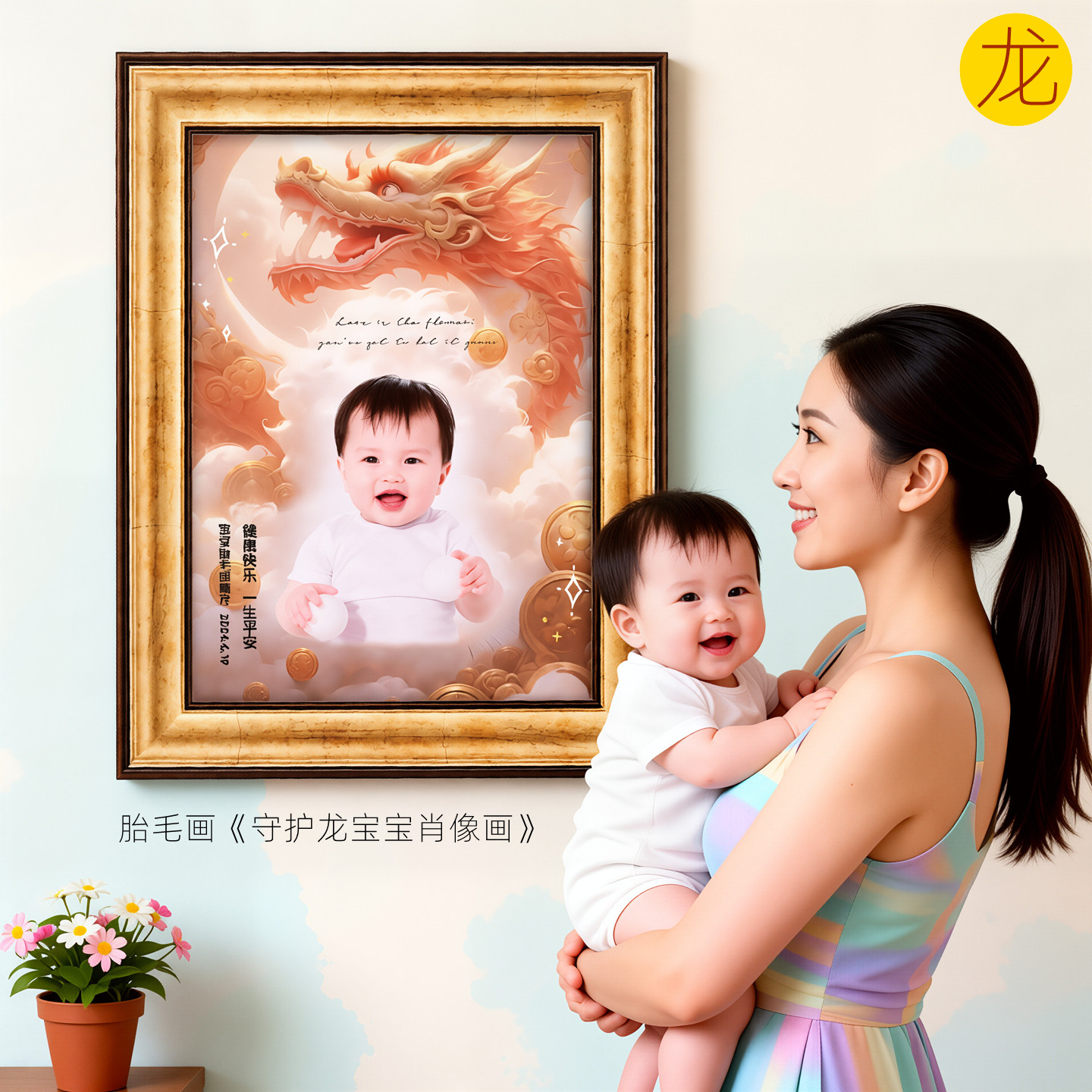 吉祥童子龙宝宝出生礼物定制生肖胎毛画绣婴幼儿纪念品守护龙2024