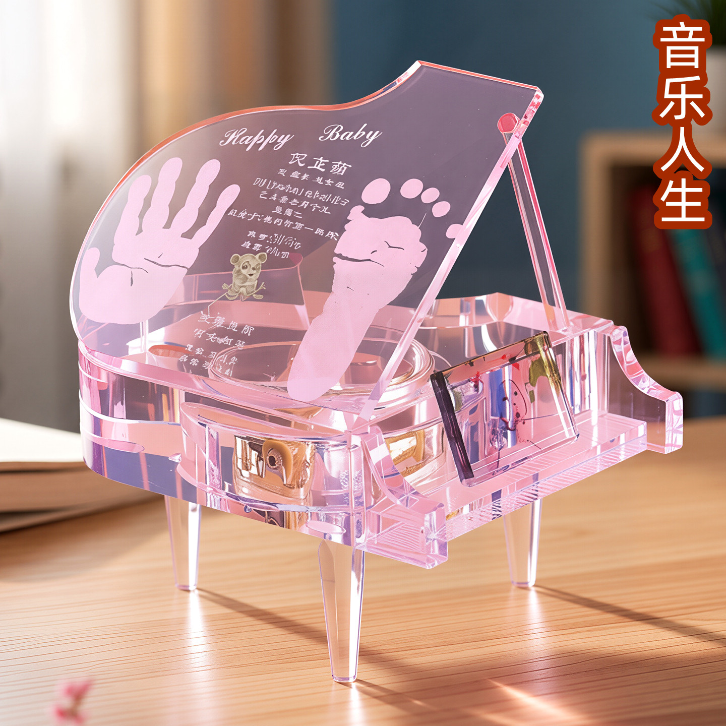 吉祥童子宝宝满月定制水晶手足印手脚印婴幼儿胎毛纪念品音乐人生