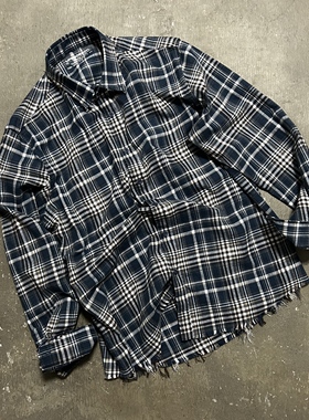 LIFEGOESON 25AW - Blue Fringed Plaid Shirt 蓝色格纹流苏衬衫