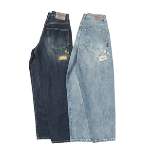 腰果花补丁 日式复古做旧水洗破洞牛仔裤休闲宽松微锥小直筒裤519