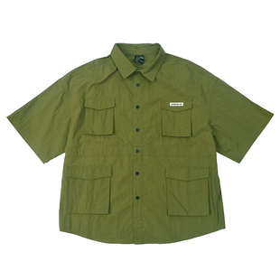户外快干 日式复古四袋工装衬衫山系休闲宽松廓版军绿色衬衣潮049