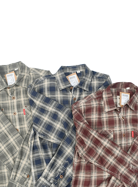 经典格子 日式复古做旧水洗工装格纹衬衫日常休闲宽松长袖衬衣107