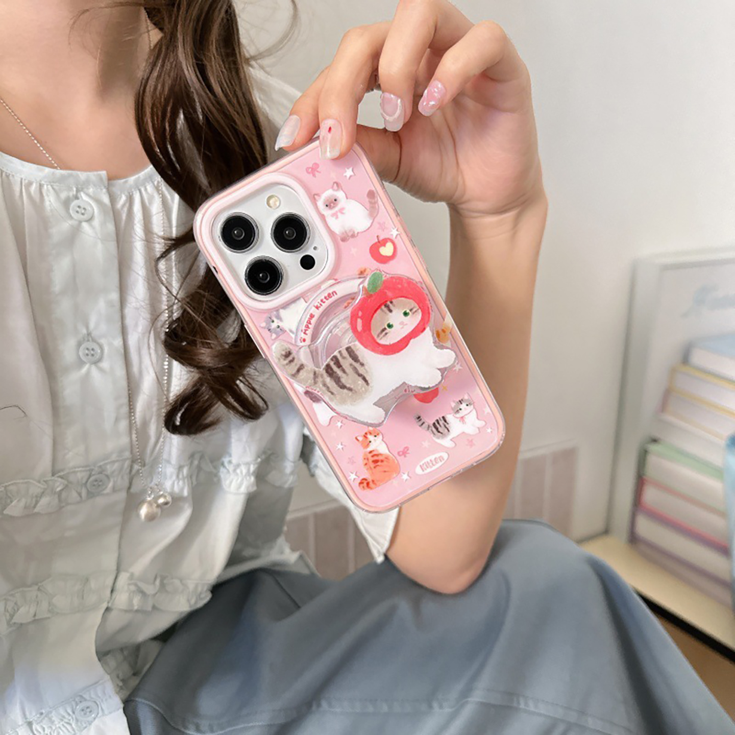 宁宁 少女粉色苹果猫咪磁吸支架二合一女iPhone16Pro Mobile Case