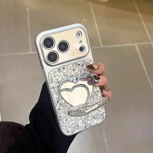 宁宁 高级感奢华银色闪粉爱心镜面支架滴胶女iPhone17 MobileCase