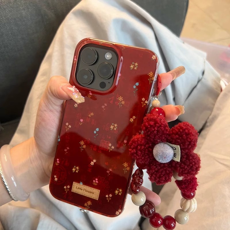 宁宁 新中式红色碎花百福图花朵手链女iPhone16Promax MobileCase
