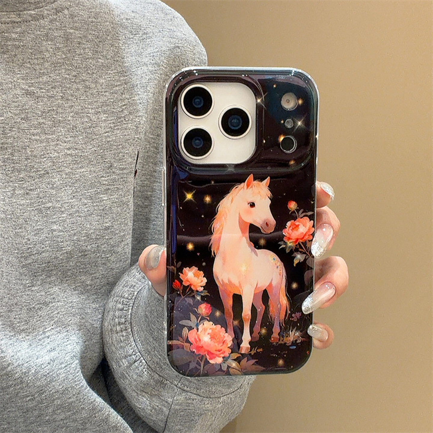 宁宁 高级感暗夜闪闪繁花小马双层光面女iPhone17Pro Mobile Case
