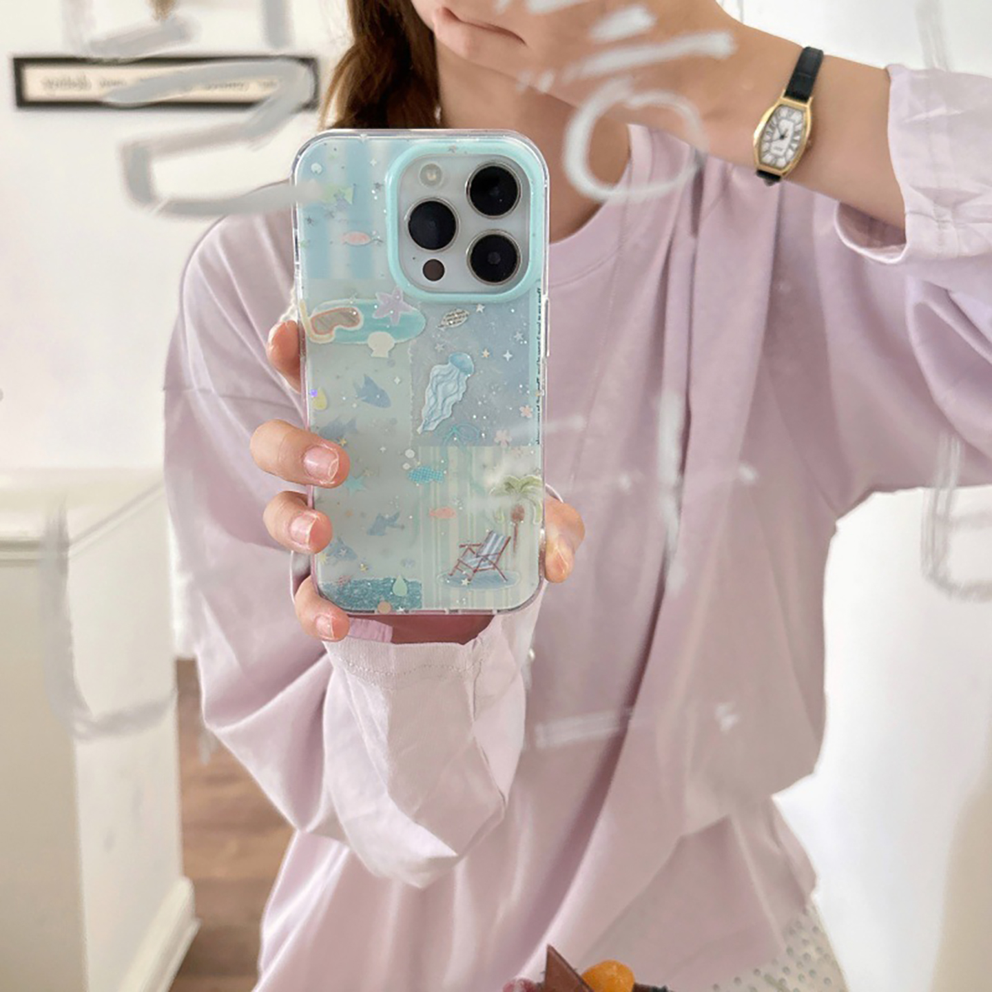 宁宁 夏日小清新闪粉拼接椰树沙滩海洋女iPhone16Pro Mobile Case