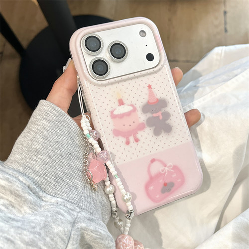 宁宁 可爱粉色拼接波点蛋糕小狗带手链女iPhone17Pro Mobile Case