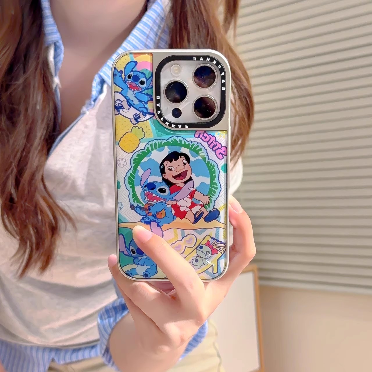 宁宁 高级感蓝色史迪奇女孩电镀边硬底女iPhone16Pro Mobile Case