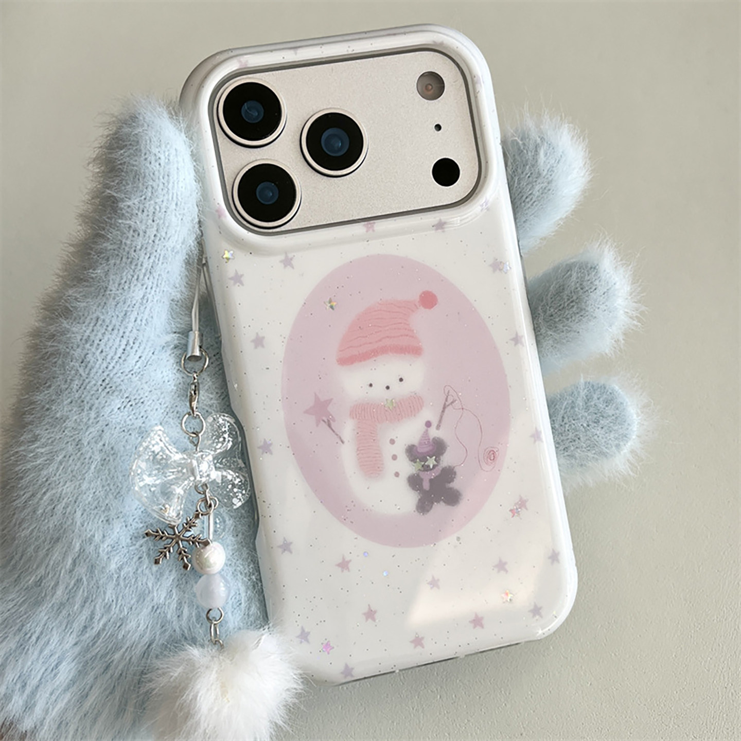 宁宁 可爱闪粉星星雪人小熊带挂件双层女iPhone17Pro Mobile Case