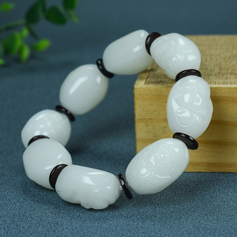 和田玉八仙手链天然白玉佛头手链精雕圆润细腻八仙手串手镯男女款