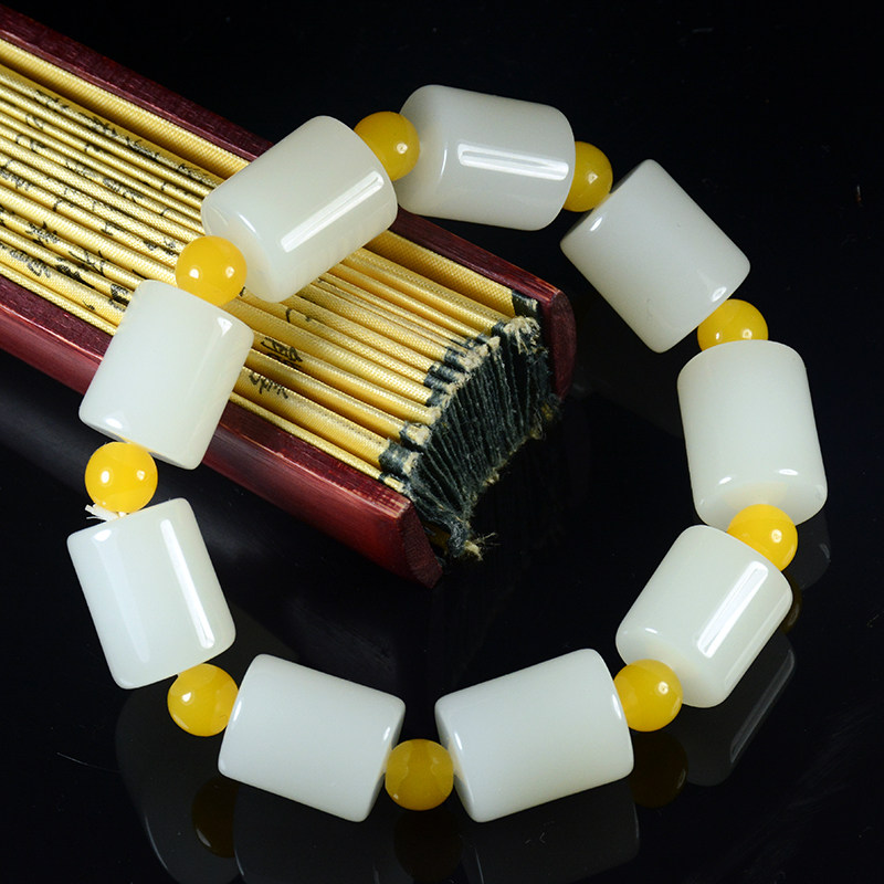 天然和田玉路路通手链手串白玉桶珠手串手训手环羊脂玉原石手镯