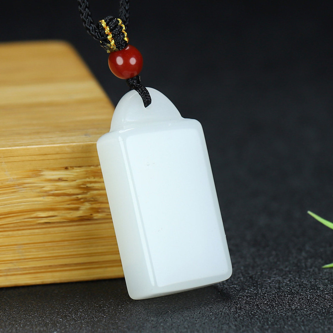 新疆和田白玉羊脂玉方形印章吊坠如意锁挂件平安无事牌男女款项链
