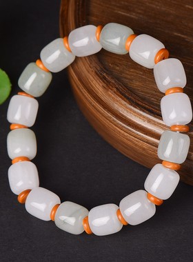 新疆和田玉老型珠手链男女款单圈天山翠玉石桶珠手串手链配饰饰品