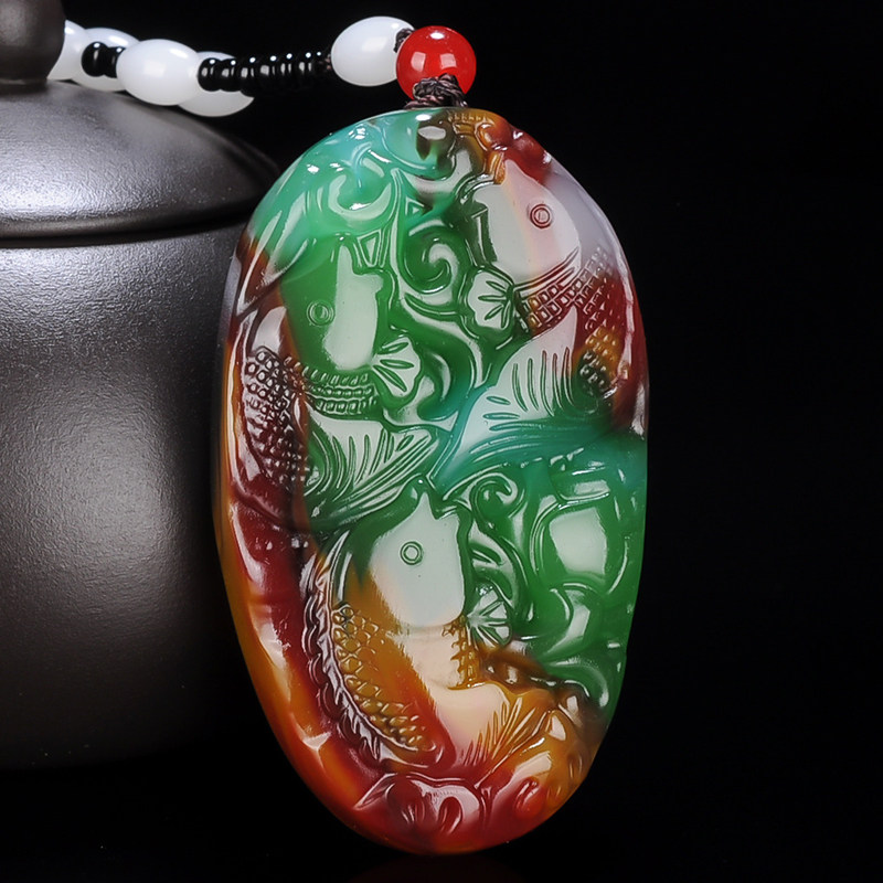 新疆和田玉鱼挂件把件七彩金丝玉连年有余鱼吊坠招财三鱼如意挂件