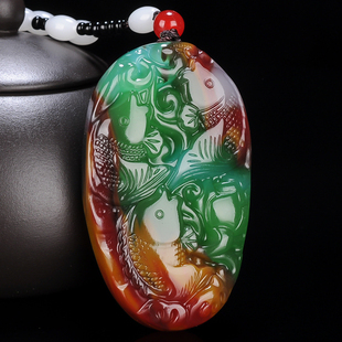 新疆和田玉鱼挂件把件七彩金丝玉连年有余鱼吊坠招财三鱼如意挂件