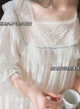 2023春夏睡衣白雪公主法式可爱长袖棉质蕾丝宫廷风家居服套装睡裙