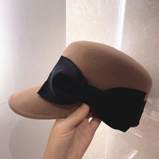 2024秋冬帽子女日单小香气质蝴蝶结纯羊毛保暖马术帽贝雷帽圆脸女