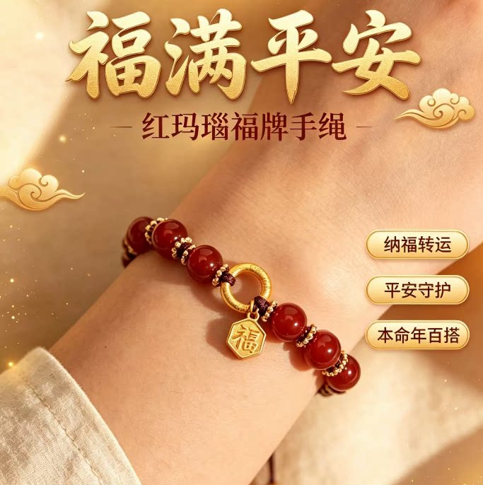 本命年红玛瑙平安扣手编绳福牌日常开运显白温柔手链