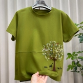 胖妈妈50岁半袖 夏季 t恤特体加肥大码 纯棉刺绣短袖 上衣 中老年女装