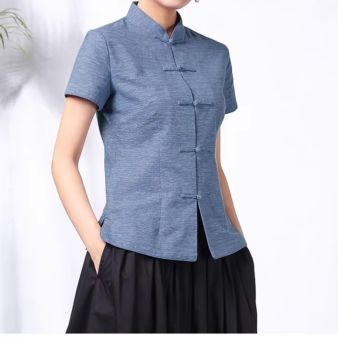 617古装立领旗袍汉服亚麻T恤短袖