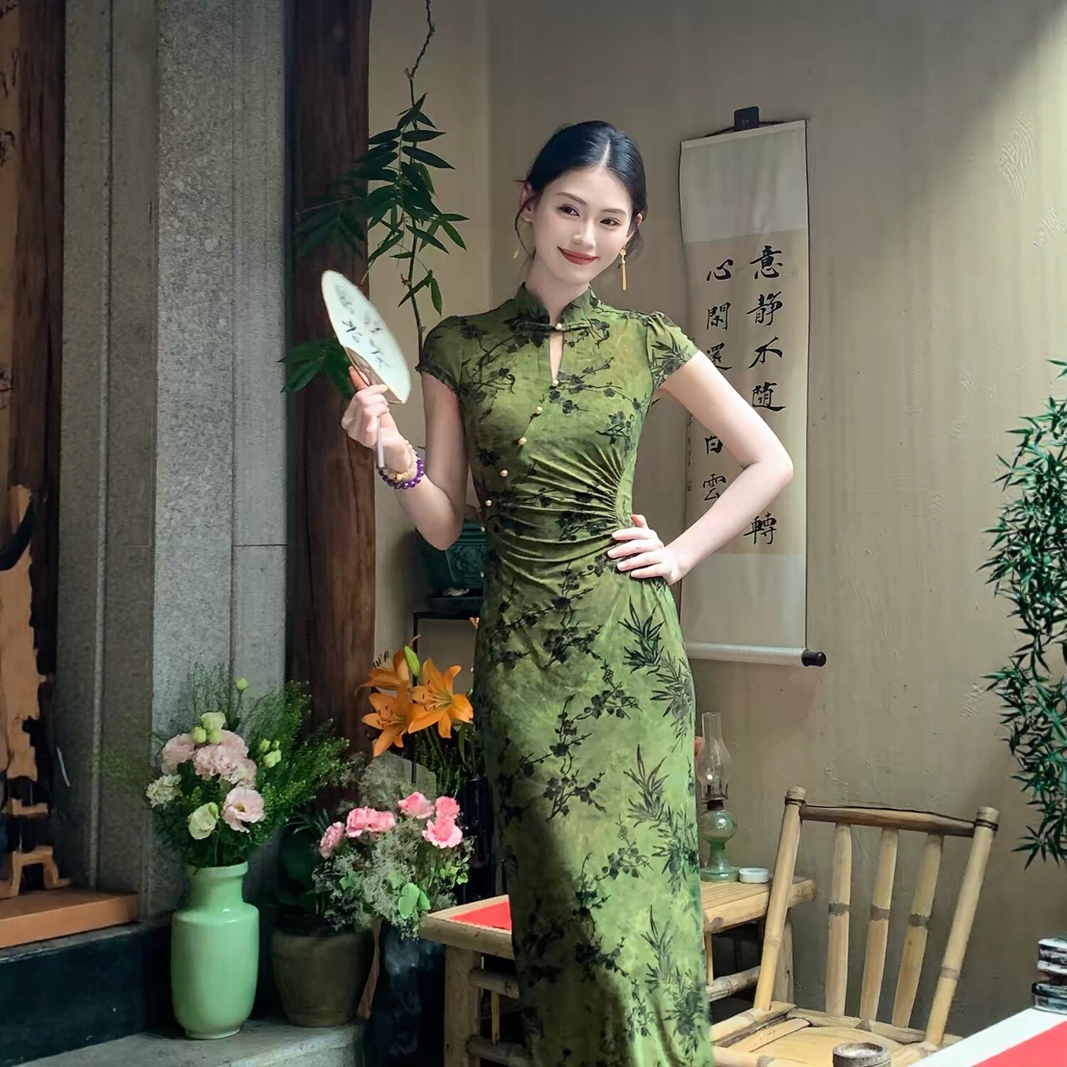 2057不对称棉麻收腰旗袍女微弹真丝连衣裙长款服装裁剪图纸样