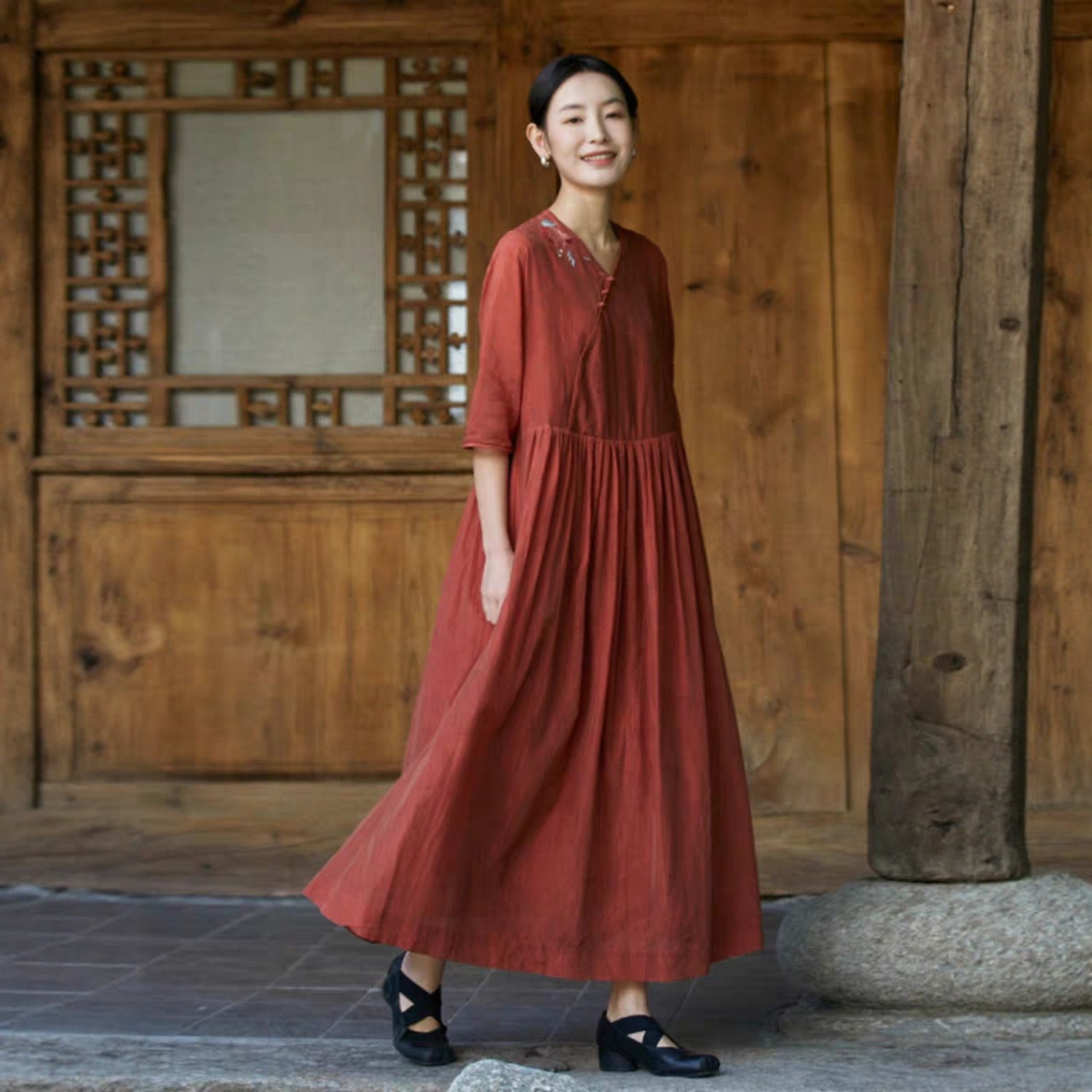 821中式交叉V领连身袖连衣裙春夏亚麻大摆服装裁剪图板袍子纸样